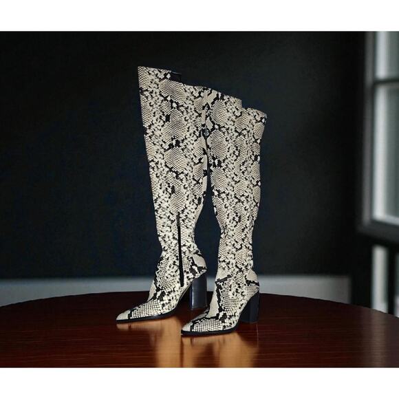 Vince Camuto Cottara Over-The-Knee Black White Snake pointed Western Boots... - Picture 2 of 7